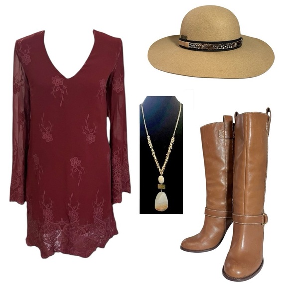 Wayf Burgundy Embroidered Flair Sleeved Dress sz S - Picture 11 of 13